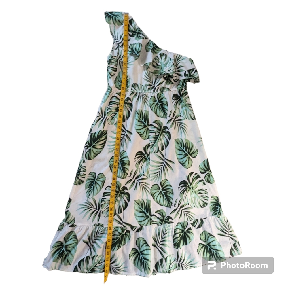Cupshe Dress Womens Sz XL Green Leaves & Fronds Ruffles One Shoulder 100% Cotton - Picture 7 of 12